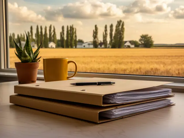 Closed kraft folders with a pen on a desk by a window onto flat golden fields and poplars.